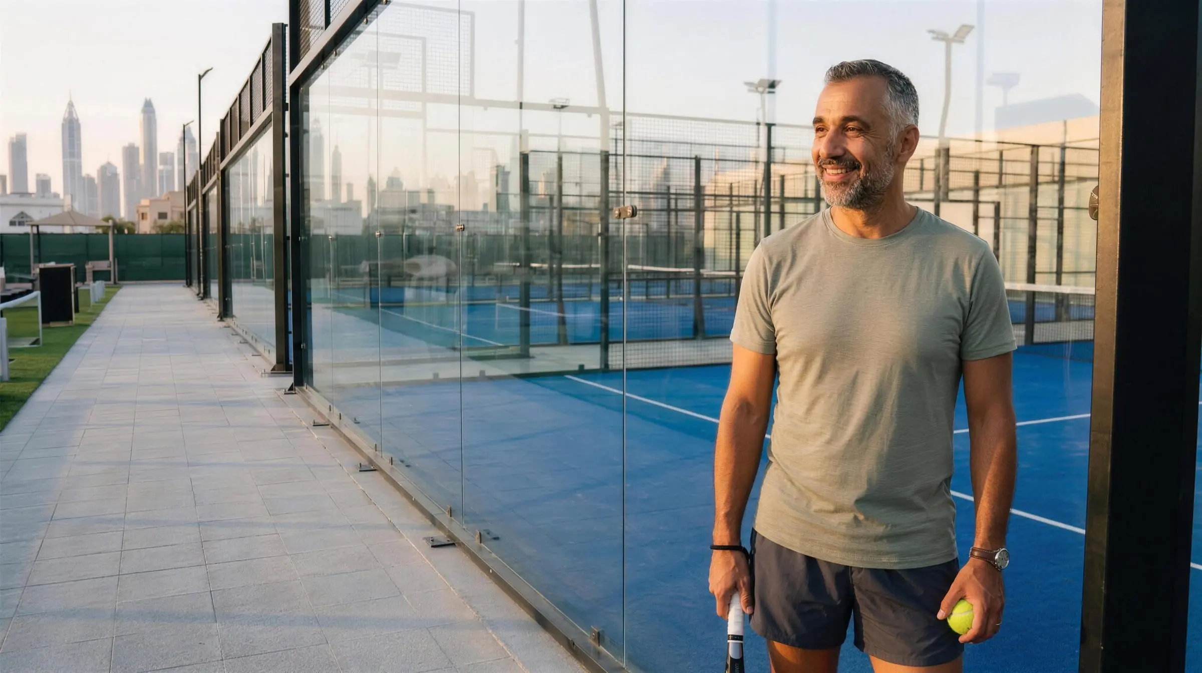 A man with a racket and ball on a padel court