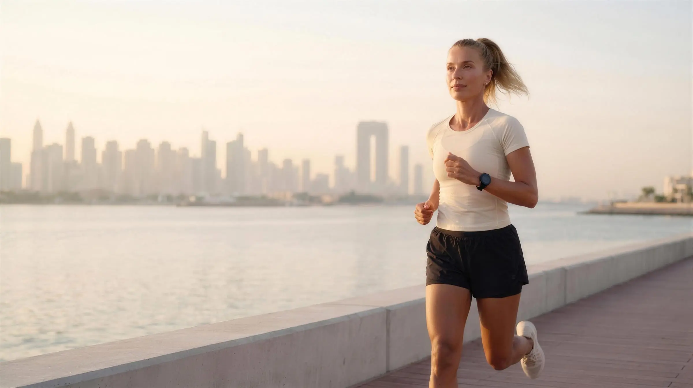 A woman running along a sunlit waterfront